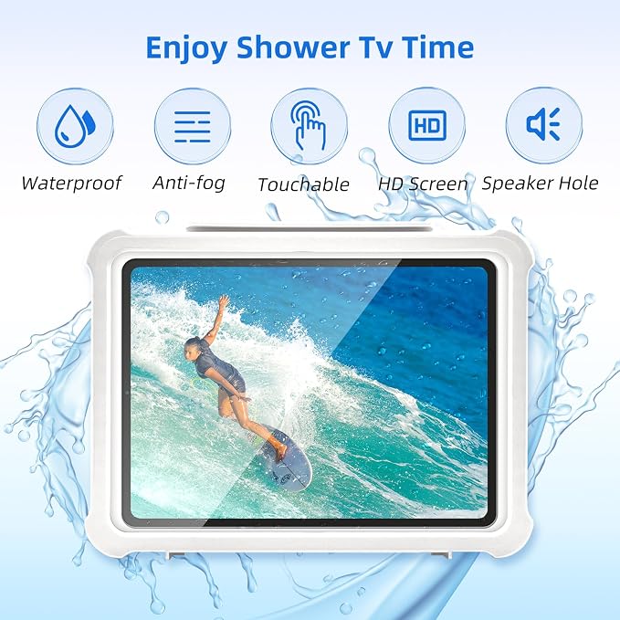 Shower Tablet Holder with HD&Touchable Screen, Anti-Fog Waterproof iPad Shower Mount, 2 Placement Modes, Compatible with iPad iPhone Tablet Under 11 in,White