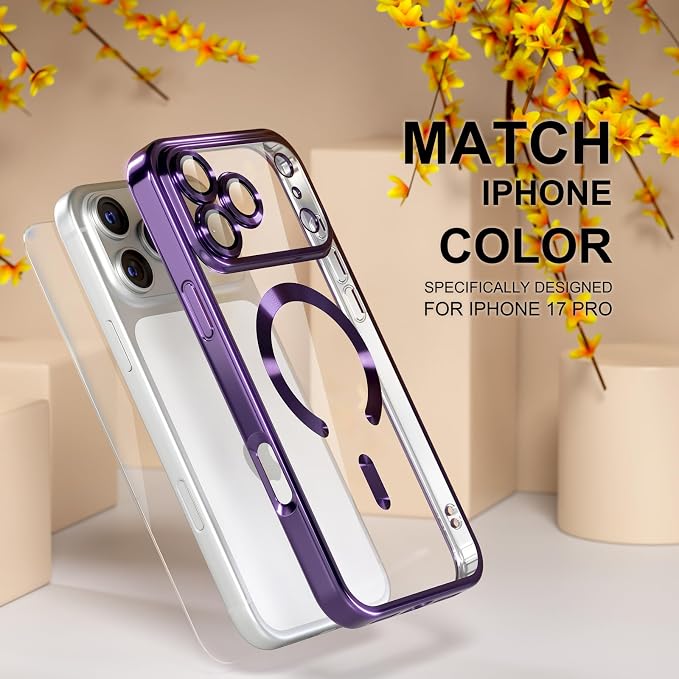 Misea Magnetic for iPhone 17 Pro Case Compatible with MagSafe [Never Yellowing] [Military Grade Drop Protection] Full Camera Lens Protector Plating Soft Clear Phone Case for Women, Deep Purple