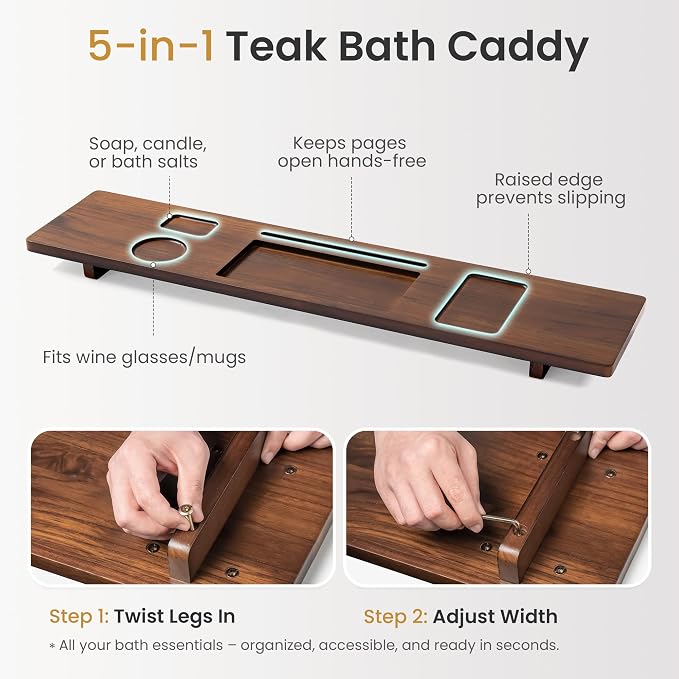 Luxury Teak Bathtub Tray for Freestanding Bath - 39" Large, Thick & Adjustable Spa Caddy | Anti-Tip Design with Accessories Holder | Water-Resistant