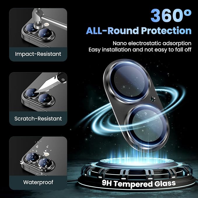 Uyiton Compatible with iPhone 17 Camera Lens Protector - [Not Easy to Break][Strong Adsorption][Case-Friendly] Metal Tempered Glass Rear Camera Screen Cover - Black