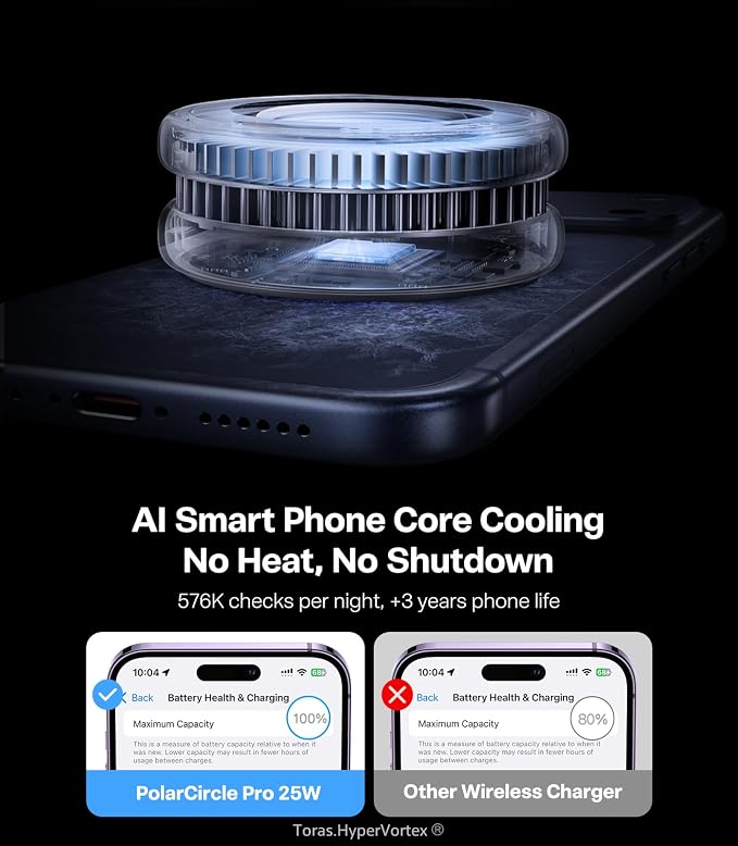 TORRAS PolarCircle Qi2.2 Wireless Charger, 25W Cooling Magnetic Pad for iPhone 17/16, Wireless Charger for Samsung Galaxy S26/S25 with 360°Spin Stand, Semiconductor Game Cooler, with 45W IceNano Plug