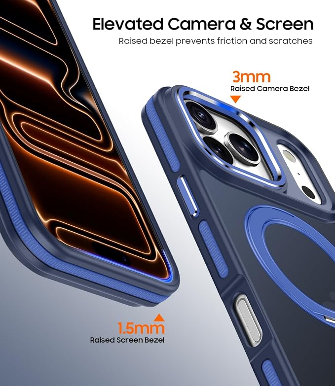 for iPhone 17 Pro Case with 360 Magnetic Ring Stand, Fit MagSafe, Military-Grade Shockproof Protection, Non-Slip Slim Translucent Protective Phone Cover, Blue