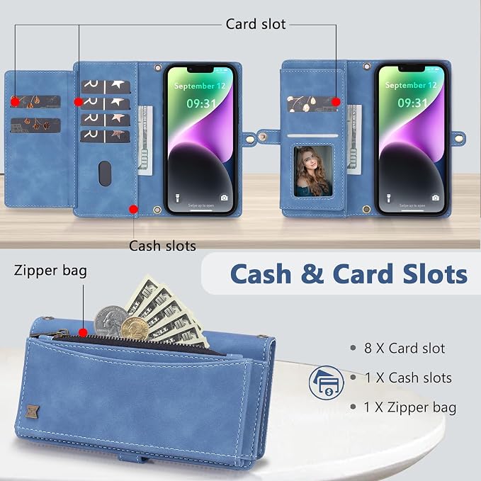 Wallet Case for iPhone 14 with Card Holder/Crossbody Wallet/Strap| RFID Blocking | Magnetic | Kickstand | Detachable | PU Leather Phone Case for iPhone 14,6.1 in,Sky Blue