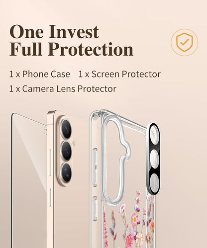 GVIEWIN for Samsung Galaxy S26 Case, Clear Floral Slim Shockproof Protective Women Phone Case, Non-Yellowing, with Screen Protector & Camera Lens Protector for Galaxy S26 6.3", Floratopia/Orange
