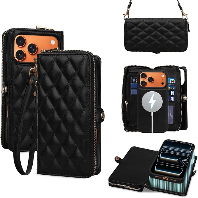 Rssviss Crossbody Wallet Case for iPhone 17 Pro Max with Wrist Strap, Detachable Zipper Purse, Magnetic Flip RFID Blocking Card Holder, Wireless Charging Removable Cover for Men Women 6.9", Black