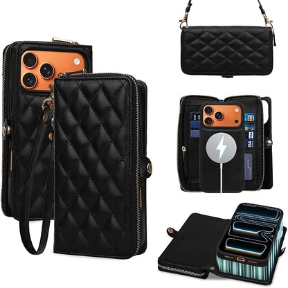 Rssviss Crossbody Wallet Case for iPhone 17 Pro Max with Wrist Strap, Detachable Zipper Purse, Magnetic Flip RFID Blocking Card Holder, Wireless Charging Removable Cover for Men Women 6.9", Black