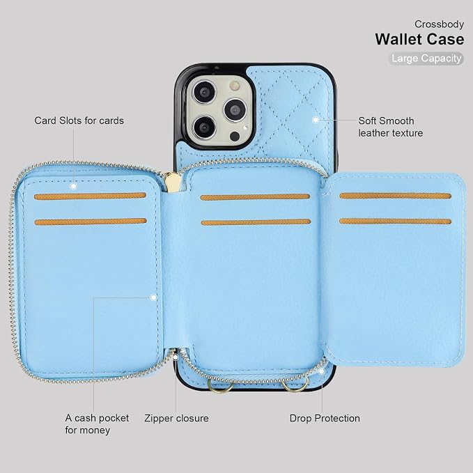 Bocasal Crossbody Wallet Case for iPhone 12 Pro Max, RFID Blocking PU Leather Zipper Handbag Purse Flip Cover, Kickstand Folio Case with Card Slots Holder Wrist Strap Lanyard 5G 6.7 Inch (Blue)
