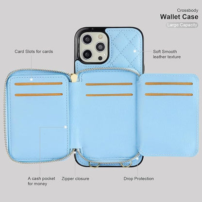 Bocasal Crossbody Wallet Case for iPhone 12 Pro Max, RFID Blocking PU Leather Zipper Handbag Purse Flip Cover, Kickstand Folio Case with Card Slots Holder Wrist Strap Lanyard 5G 6.7 Inch (Blue)