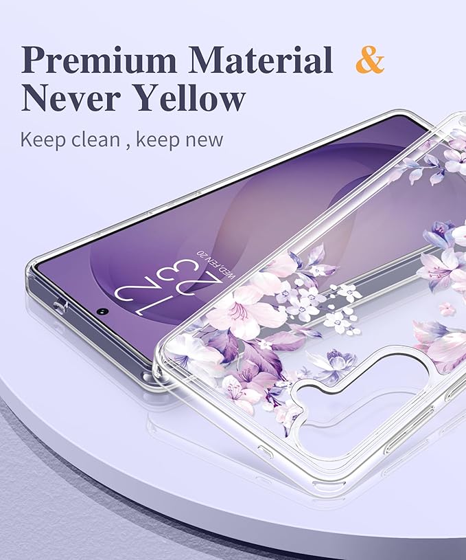 GVIEWIN for Samsung Galaxy S26 Plus Case, Clear Floral Slim Shockproof Protective Women Phone Case, Non-Yellowing, with Screen Protector&Camera Lens Protector for S26 Plus 6.7", Foliolosa/Purple