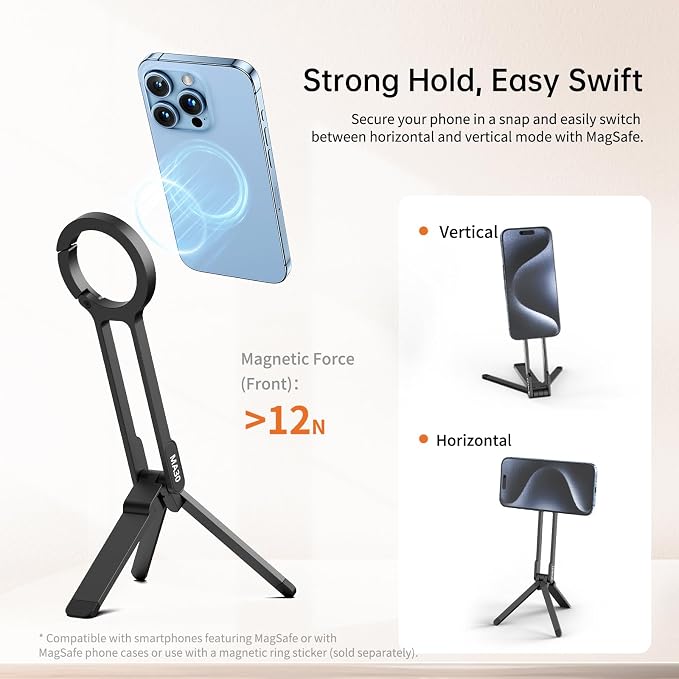 ULANZI MA30 Magnetic Phone Tripod Stand for iPhone - Aluminium Maglock Smartphone Mini Tripod Pocket Cell Phone Stand Strong Magnet Quick Mount Compatible with iPhone 17 16 15 14 13 12 Series, Black