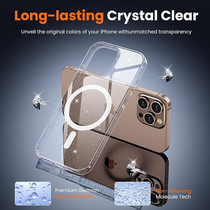 3 in 1 for iPhone 16 Pro Max Case Clear with MagSafe, Not Yellowing, Screen Protector*1 Camera Lens Protector*1, Protection for iPhone 16 Pro Max Phone Case 6.7 inch Clear Glitter