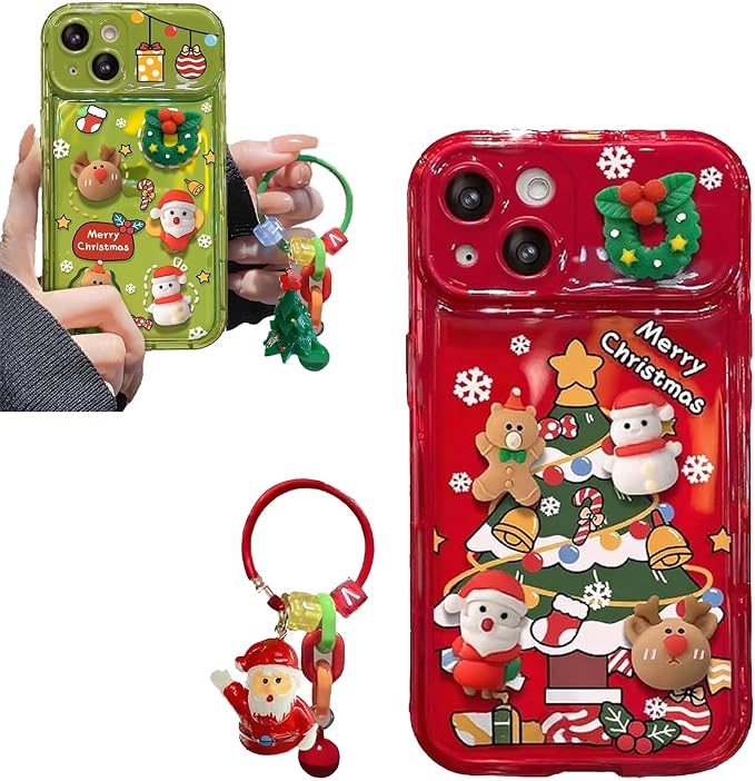 Christmas Tree Pendant Flip Mirror Case Cover for iPhone 17 16 15 14 13 Pro Max Plus, Festive Protective Phone Case with Built-in Mirror and 3D Christmas Tree Charm Celebrate (Red,17 pro)