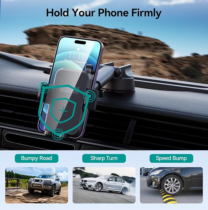Car Phone Holder Mount, [Military-Grade Suction & Super Sturdy Base] 3 in 1 Universal Phone Mount for Car Dashboard Windshield Air Vent Dash Pad Car Mount for iPhone Android Smartphone