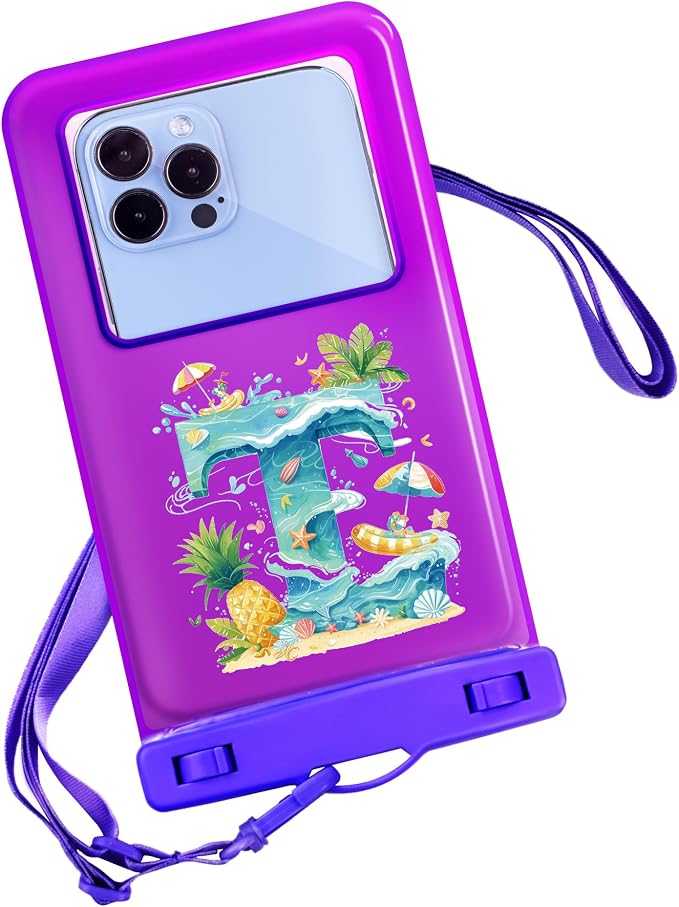 Personalized Initial Waterproof Phone Pouch Case - IPX8 Cellphone Dry Bag with Lanyard for iPhone 16/15/14/13/12 Pro Max (6.1–6.9"), Beach & Cruise Ship Essentials with Monogrammed Design (Purple, T)