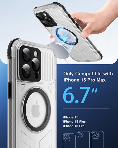 for iPhone 15 Pro Max Waterproof Case with Magsafe, Built-in [Camera & Screen Protector] [Lanyard], IP68 Water Proof Full Body Dustproof Heavy Duty Frosted Protective Phone Cover, 6.7" Black