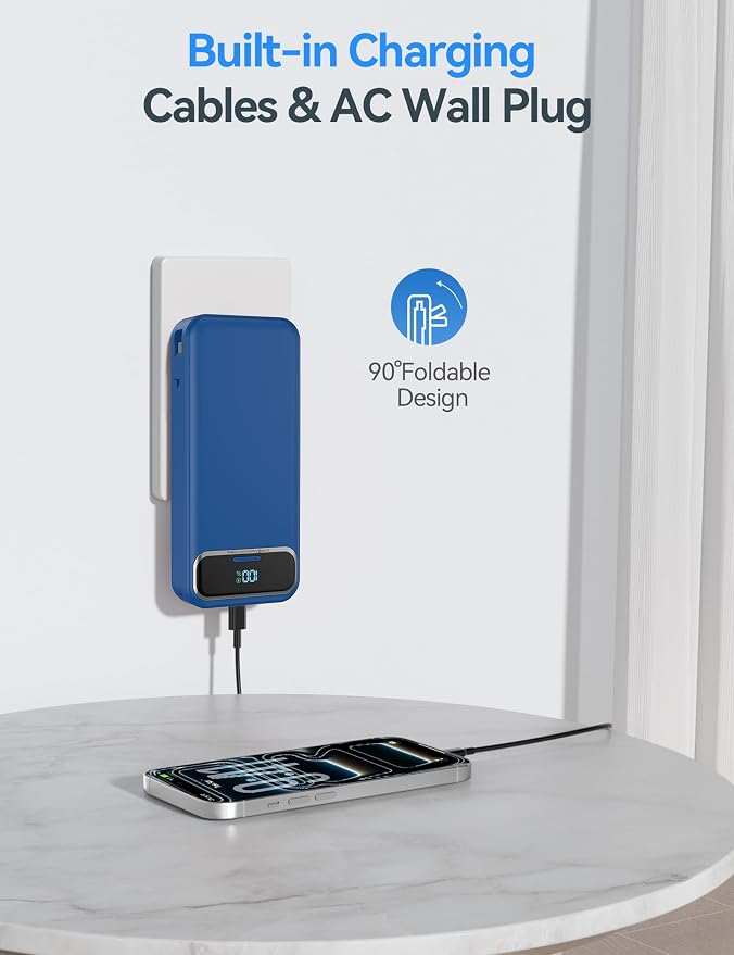 20000mAh Lightweight-Portable-Charger-Power-Bank with Built-in Cables and AC Wall Plug, PD20W USB-C Fast Charging Battery Pack, LED Display External Travel Phone Charger for All iPhone,Samsung,Android