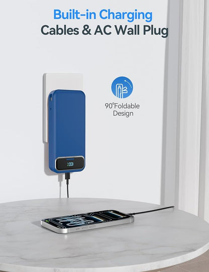 20000mAh Lightweight-Portable-Charger-Power-Bank with Built-in Cables and AC Wall Plug, PD20W USB-C Fast Charging Battery Pack, LED Display External Travel Phone Charger for All iPhone,Samsung,Android