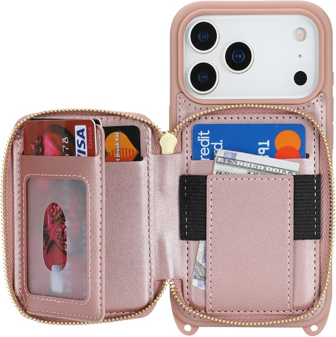 Crossbody Wallet Case for iPhone 17 Pro, PU Leather Zipper Handbag Purse Flip Cover, Kickstand Folio Case with Card Slots Holder Wrist Strap Lanyard 5G 6.3 Inch-Rose Gold