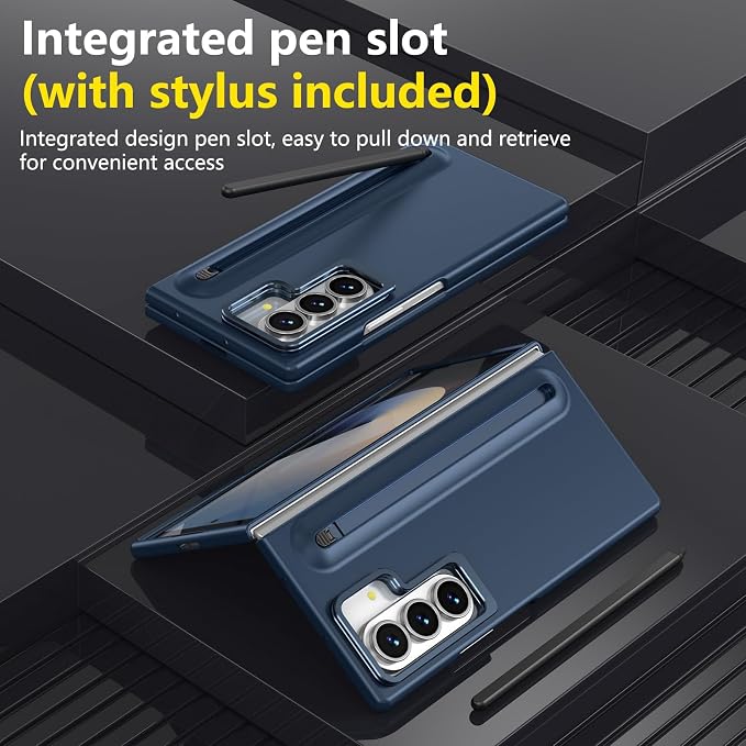Slim PC phone Case for Samsung Galaxy Z Fold 6 with Built-in S Pen Holder, Adjustable Camera Kickstand, Anti-Scratch Front Screen Protector | Shockproof Matte Finish mobile phone case Dark Blue