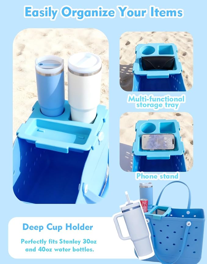 Top Cup Phone Holder Tray Storage Lid for Stanley Compatible with Bogg Bag XL Cover, Cup Organizer Holder Waterproof Silicone Multifunctional Storage Box for Outdoor Beath Camping Travel (Blue, L)