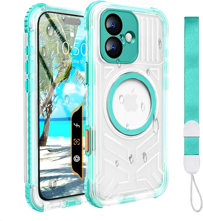 for iPhone 16 Waterproof Case, Compatible with MagSafe, IP68 Built-in Camera Control, Military Shockproof & Screen Protector for Water Sports, 6.1 Inch Frosted Teal