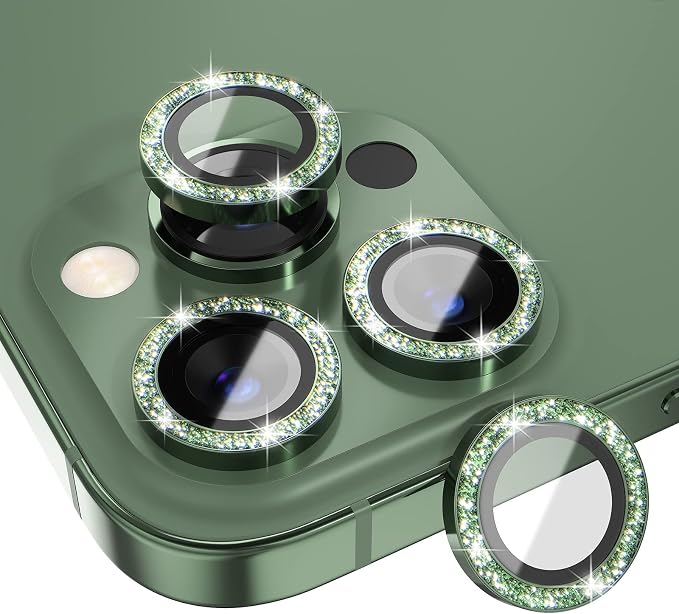 Choiche Compatible for iPhone 13 Pro/iPhone 13 Pro Max Camera Lens Protector Bling, 9H Tempered Glass Camera Cover Screen Protector Metal Ring Decoration Accessories (Glitter-Alpine Green)