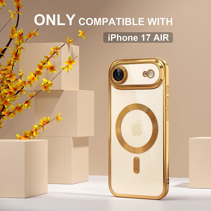 Misea Magnetic for iPhone 17 Air Case Compatible with MagSafe [Never Yellowing] [Military Grade Drop Protection] Full Camera Lens Protector Plating Soft Clear Phone Case for Women, Gold