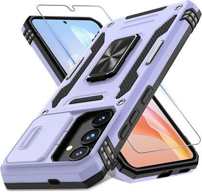 DEERLAMN Case for Samsung Galaxy S25 6.2-Inch with Slide Camera Cover+Screen Protector (1 Pack), Rotated Ring Kickstand Military Grade Shockproof Protective Cover-Light Purple