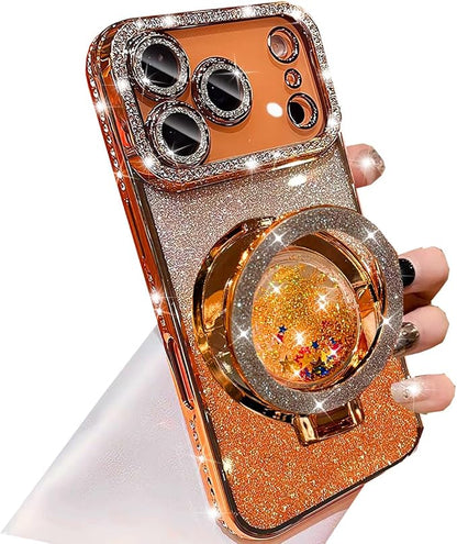 Glitter Kickstand Case for iPhone 17 Pro Max,Cute Bling Sparkly Diamond Rhinestones with Camera Lens Protector Liquid Flowing Ring Stand Soft TPU Women Girls Case for iPhone 17 Pro Max,Orange