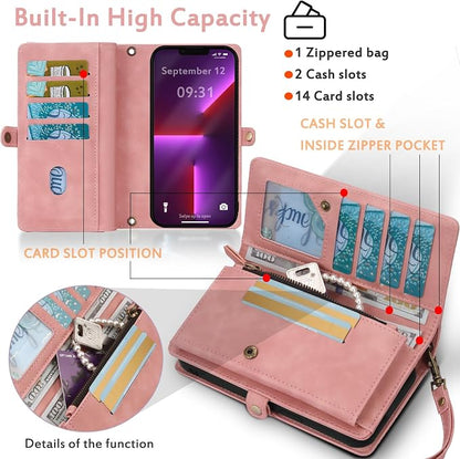 for Wallet Case Compatible with iPhone 13 Pro Max,Multi-Function Detachable 2 in 1 Magnetic iPhone 13 Pro Max Case Wallet,Flip Strap Zipper Card Holder Phone Case with Shoulder Straps (Pink)