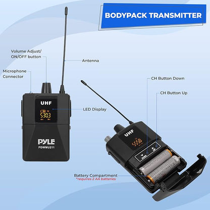 Pyle Dual UHF Microphone System - Portable Professional Cordless Microphone Set Wireless Mic Kit w/Headset / Lavalier Mic, Beltpack Transmitter, Receiver - Karaoke & Conference - Pyle PDWMU211,Black