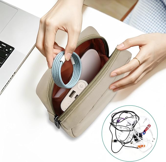 Tech Organizer Pouch, Small Multi-Pocket Electronics Case (Khaki) | Water-resistant nylon, foam padding, metal zipper, travel cable bag for charger, power bank, earbuds, SD cards and USB cables