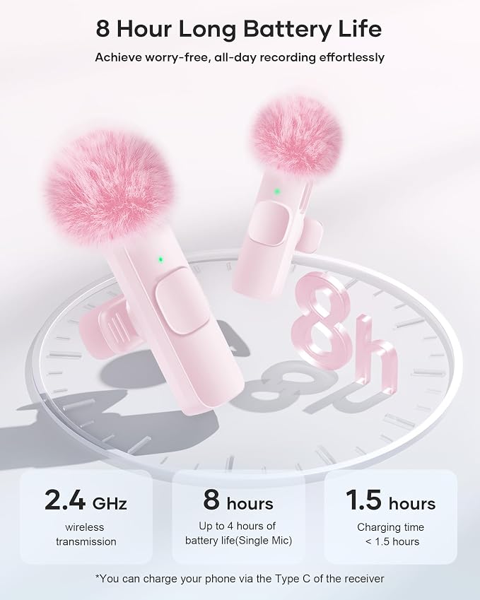 Wireless Lavalier Microphone for iPhone iPad and Android Phone, 2 Pack Lapel Mic Plug and Play Wireless Mic Noise Reduction Microphone for Video Recording Interview Podcast Vlog YouTube Tiktok (Pink)