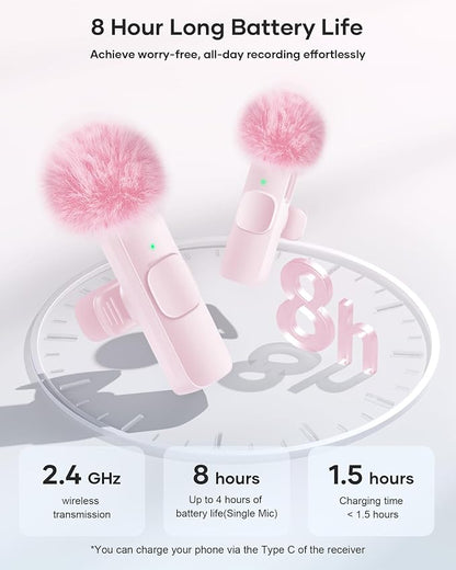 Wireless Lavalier Microphone for iPhone iPad and Android Phone, 2 Pack Lapel Mic Plug and Play Wireless Mic Noise Reduction Microphone for Video Recording Interview Podcast Vlog YouTube Tiktok (Pink)