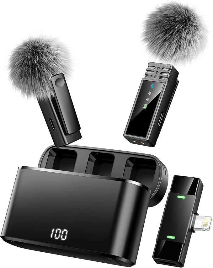 Wireless Lavalier Microphone for iPhone 14/13/12/11 Series, Lapel Mic with All-in-One 24H Charging Case, Noise Reduction, Play Clip Mic for YouTube, TikTok, Podcast, Vlog, Black-Lightning