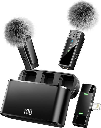 Wireless Lavalier Microphone for iPhone 14/13/12/11 Series, Lapel Mic with All-in-One 24H Charging Case, Noise Reduction, Play Clip Mic for YouTube, TikTok, Podcast, Vlog, Black-Lightning