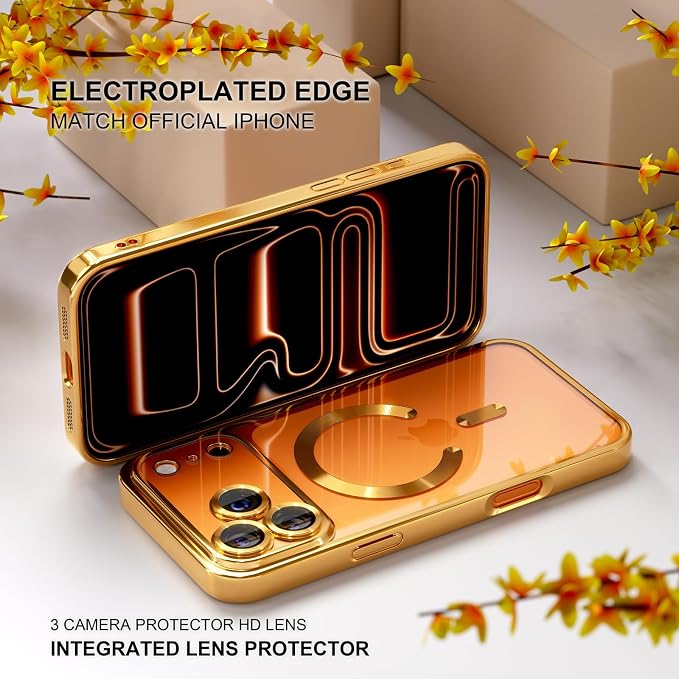 Misea Magnetic for iPhone 17 Pro Case Compatible with MagSafe [Never Yellowing] [Military Grade Drop Protection] Full Camera Lens Protector Plating Soft Clear Phone Case for Women, Gold