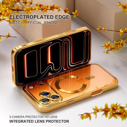 Misea Magnetic for iPhone 17 Pro Case Compatible with MagSafe [Never Yellowing] [Military Grade Drop Protection] Full Camera Lens Protector Plating Soft Clear Phone Case for Women, Gold