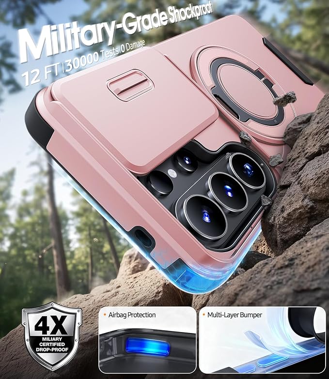 JAME for Samsung Galaxy S26 Ultra Case, Ring Holder Stand Kickstand, Slide Camera Cover with Screen Protector, Dual-Layer Shockproof Protective Magnetic Accessory Friendly S26 Ultra Phone Case, Pink