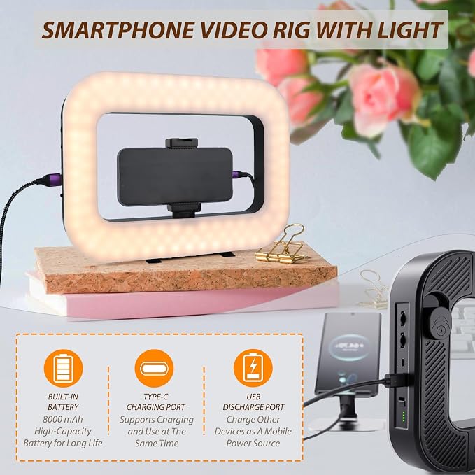 Ring Light for Phone with Video Rig, LED Video Light Kit, 8000mAh Battery, Bluetooth Remote, Adjustable Brightness and Color for Selfie, Phone Photography, TikTok, YouTube, Vlogging (LED Pro)