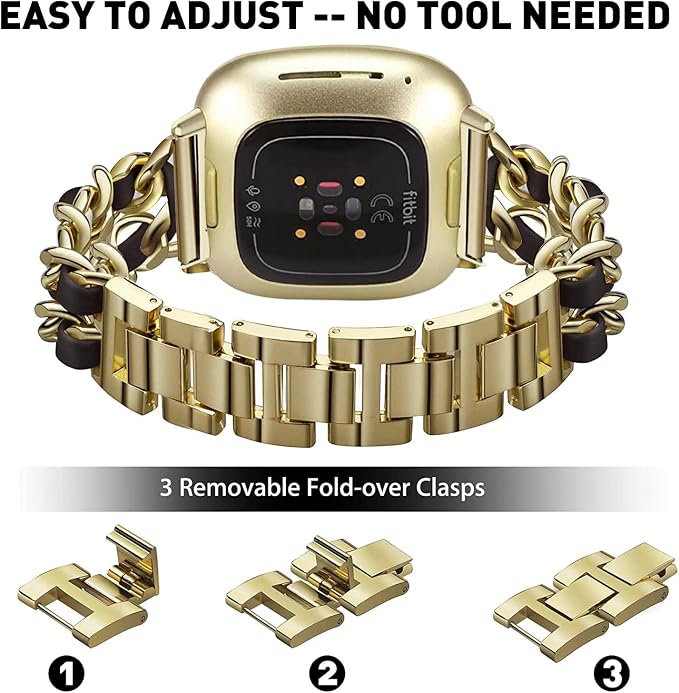 Stainless Steel Bands Compatible for Fitbit Versa 4/Fitbit Sense 2 Smartwatch With Bling Case Cover,Chic Leather Metal Wristband Accessories Strap for Women Bracelet (Gold, Versa 4/Sense 2)