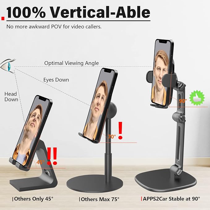 APPS2Car Phone Stand for Desk [No Dropping Stable Triple-Clamp Holder] Adjustable Height 360 Degree Rotation Heavy Base Thick Case Friendly, Multifunctional Cell Phones Stand for iPhone Android Phones