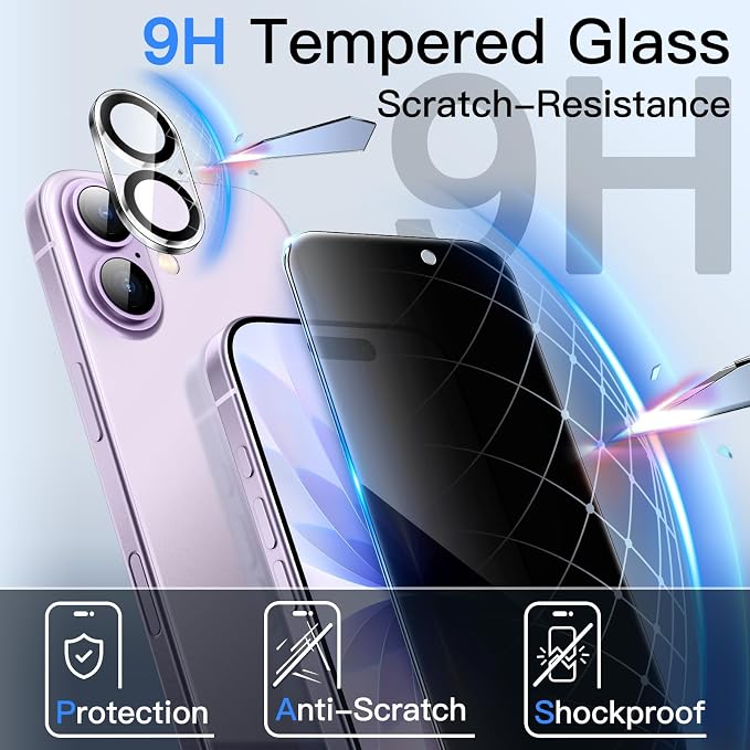 JETech Privacy Screen Protector for iPhone 17 6.3-Inch with Camera Lens Protector, Anti-Spy Tempered Glass Film, Easy Installation Tool, 2-Pack Each