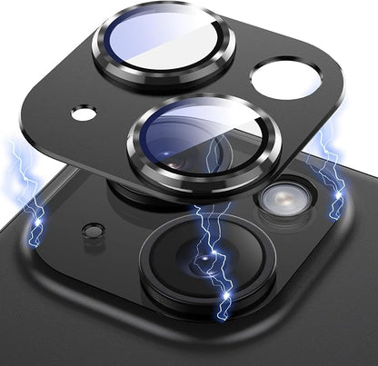 AFARER Camera Lens Protector for iPhone 15/15 Plus, Upgraded 3D Metal Anti-Scratch Camera Cover with 9H Tempered Glass Screen Protector, Lens Cover Film Strong Adsorption -Black