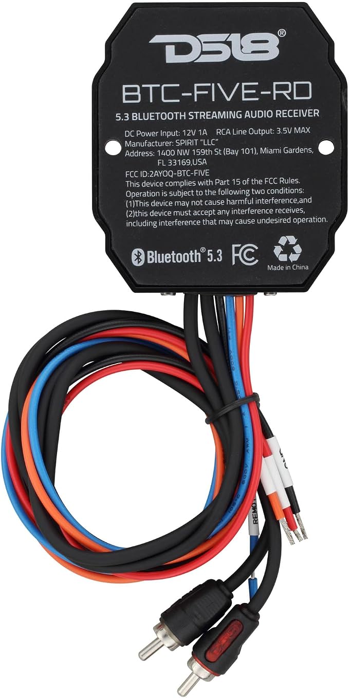 DS18 BTC-Five Bluetooth 5.3 Audio Receiver for Car, Marine & Powersports – Wireless RCA Adapter, 130ft Range, 3.3V Pre-Out, IP66 Water-Resistant, Auto Reconnect