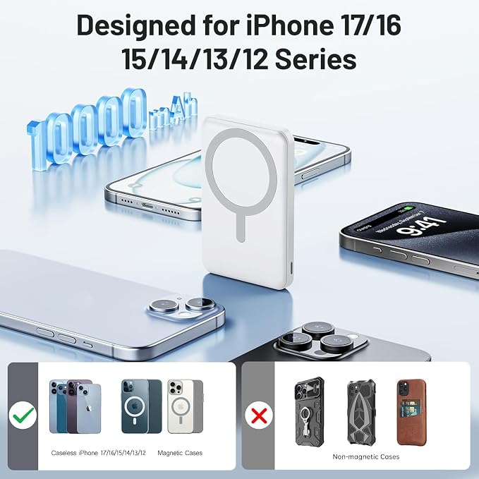 AOGUERBE for MagSafe Portable Charger, 10000mAh Magnetic Power Bank 22.5W Fast Charging, Mini Battery Pack Wireless with LED Display&Foldable Stand for iPhone 17/16/15/14/13/12 Series (Polar White)