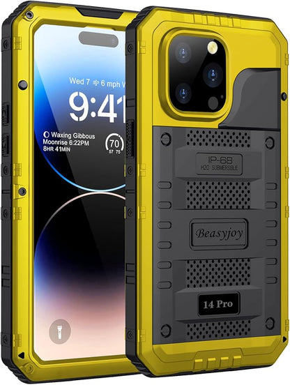 Beasyjoy Waterproof Case for iPhone 14 Pro, Metal Full Body Sealed Phone Case with Built-in Screen Protector, Military Grade Heavy Duty Defender Armor Shockproof Rugged Case 6.1 Inch, Yellow