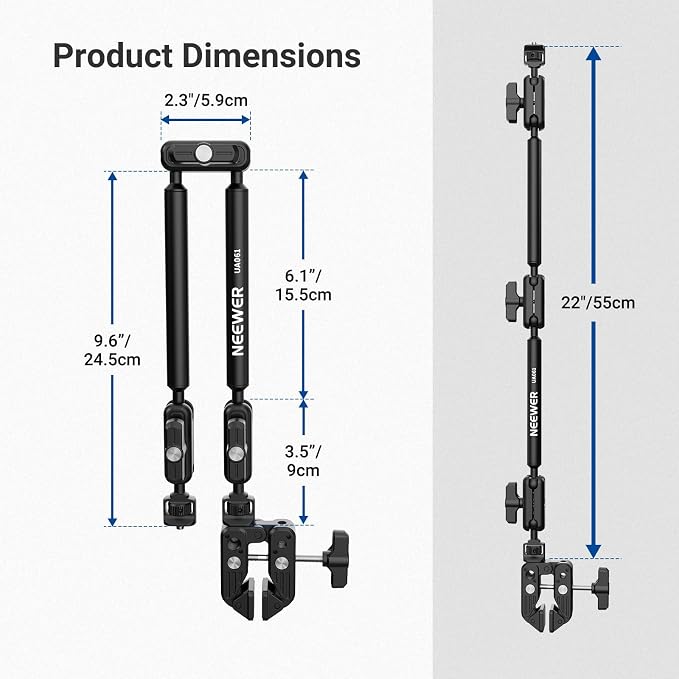 NEEWER Basics Magic Arm Desk Mount, 22" Overhead Mic Stand Boom Arm Desktop Phone Holder with 1/4" 3/8" Threads for ARRI, for DSLR Action Camera Webcam Microphone LED Light for Video Recording, UA061
