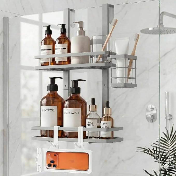 Over the Door Shower Caddy Hanging, Rustproof Shower Shelves with Waterproof Phone Pouch, 2-Tier Adjustable Bathroom Organizers and Storage, No Drilling Shampoo Soap Shelf (Silver 2-Tier)