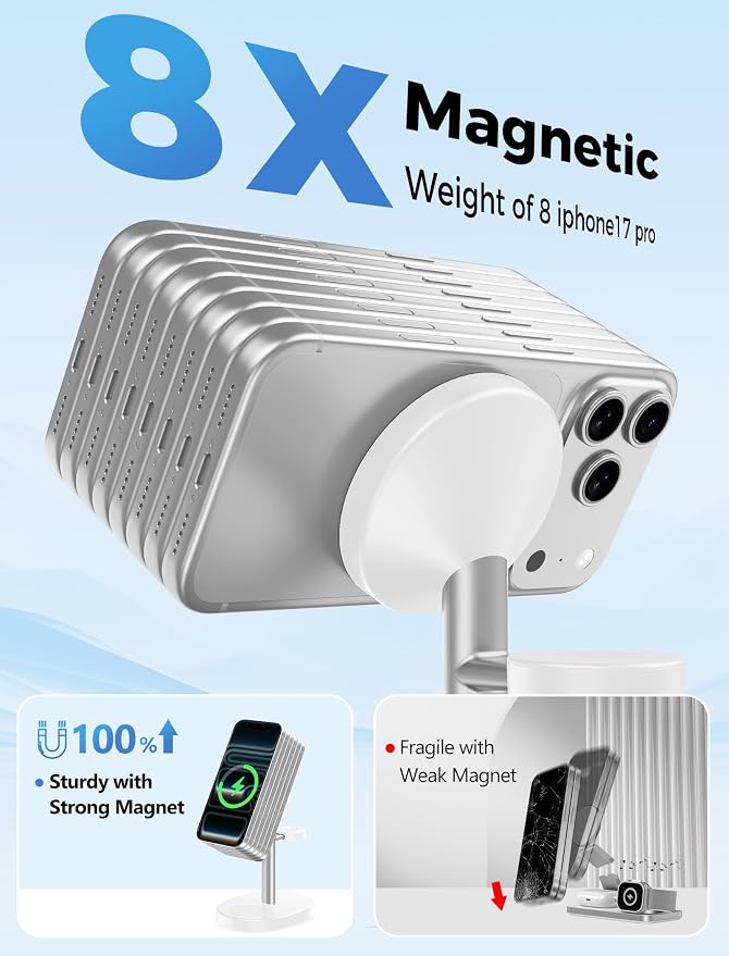 2026 3 in 1 Wireless Charging Station for Apple MagSafe Charger, 15W Fast Magnetic Mag-Safe Charger Stand for iPhone 17 16 15 14 13 12 Apple Watch AirPods Series, Gray&White